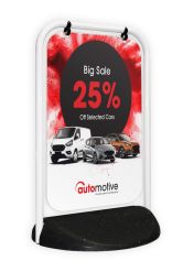 White frame with aluminium panel advertising 25% off car sales